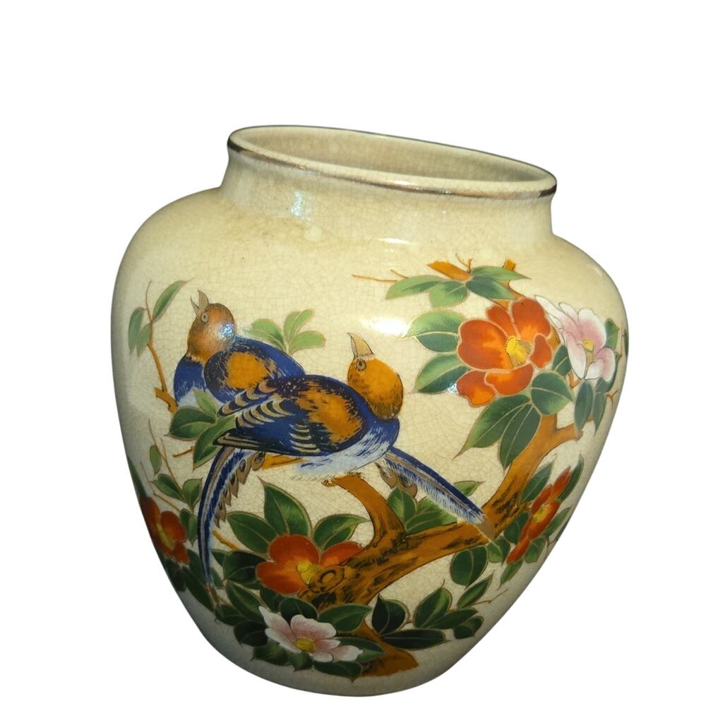 Andrea by Sadek Japanese Crackle Glaze Hand-Painted Bird & Floral Vase